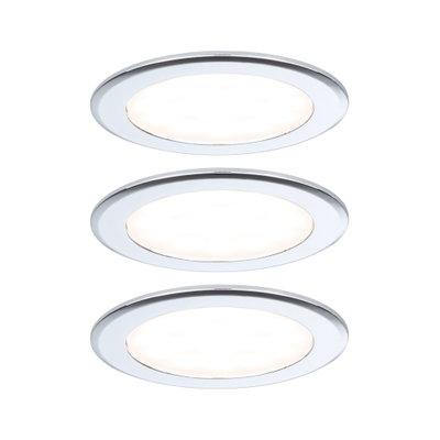 Three white round LED recessed lights with aluminum frame for energy-efficient room lighting