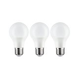 Three white LED bulbs with E27 base made of plastic and glass for energy-saving lighting