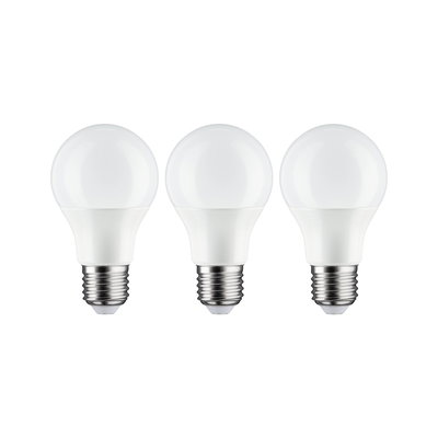 Drei weiße LED-Glühbirnen mit E27-Fassung aus Kunststoff und Glas für energiesparende Beleuchtung