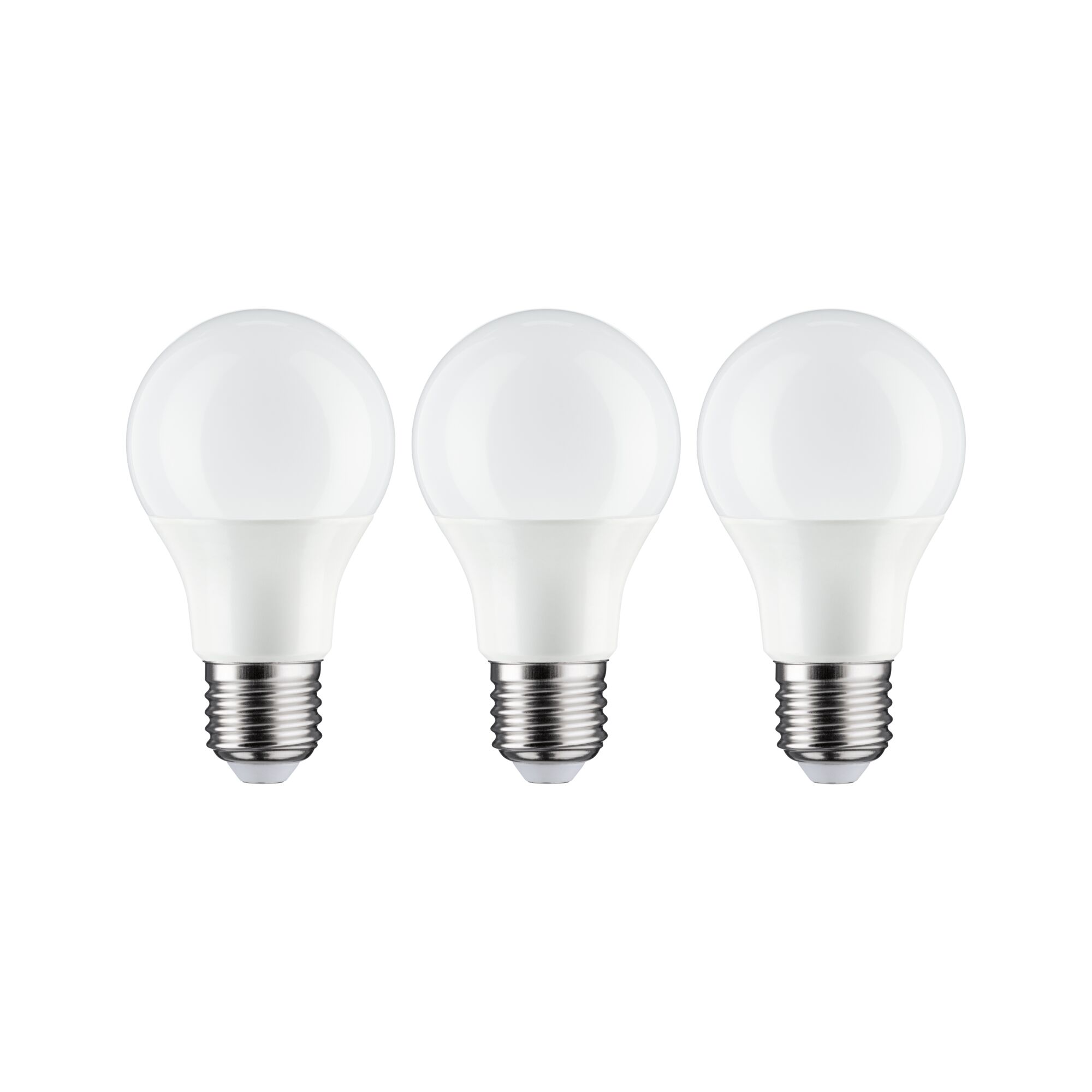 Drei weiße LED-Glühbirnen mit E27-Fassung aus Kunststoff und Glas für energiesparende Beleuchtung