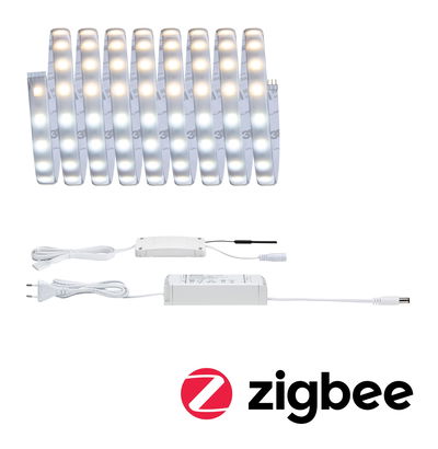 White LED strip with controller and power supply, compatible with Zigbee smart home systems
