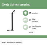 Zwarte LED-buitenlamp met eenvoudige montage voor flexibele lichtscènes en uitbreidbaarheid.