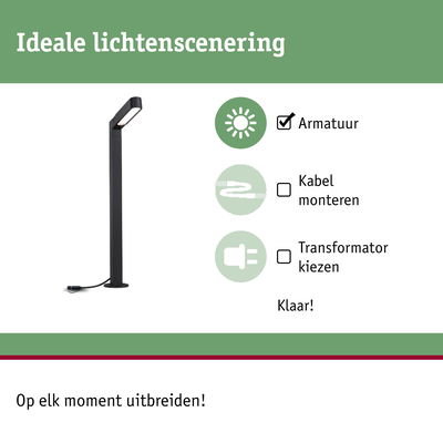 Zwarte LED-buitenlamp met eenvoudige montage voor flexibele lichtscènes en uitbreidbaarheid.