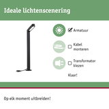 Zwarte LED-buitenlamp met eenvoudige montage voor flexibele lichtscènes en uitbreidbaarheid.
