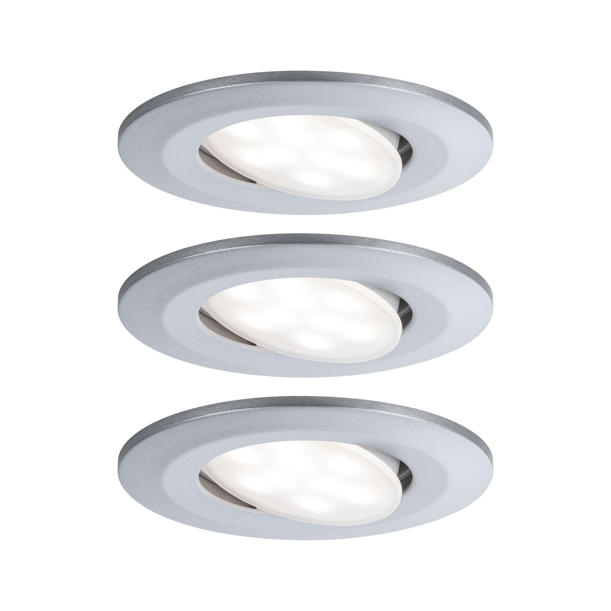 Drei runde LED-Einbaustrahler in matt-silber mit schwenkbarem Leuchtkopf für flexible Beleuchtung