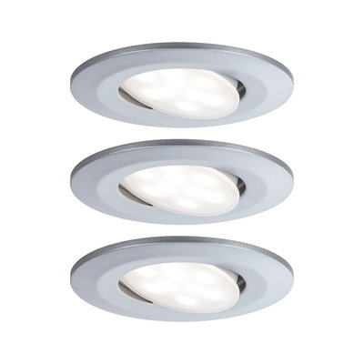 Three round matte silver LED recessed spotlights with adjustable heads for versatile lighting
