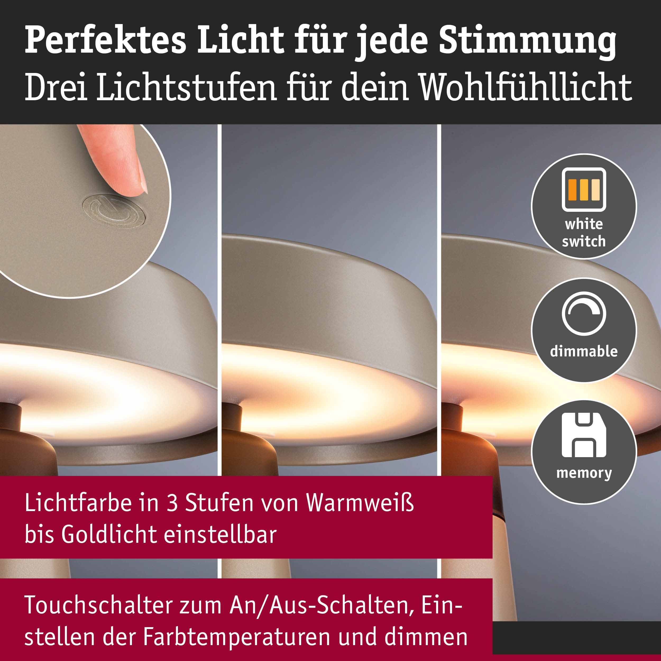 Beige dimmbare Lampe mit Touchschalter und drei Lichtstufen von Warmweiß bis Goldlicht