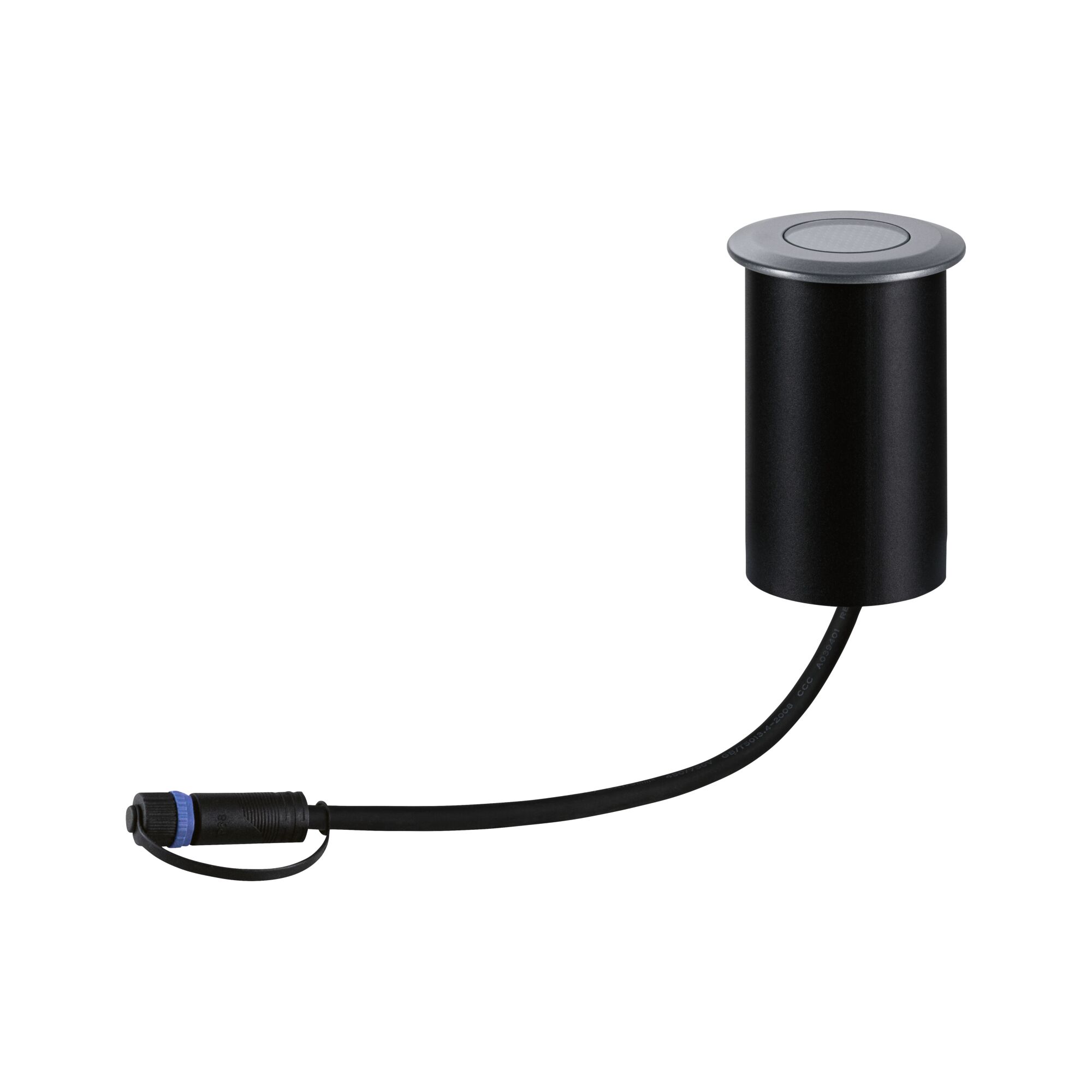 Black recessed light module with grey rim and cable for modern LED lighting systems