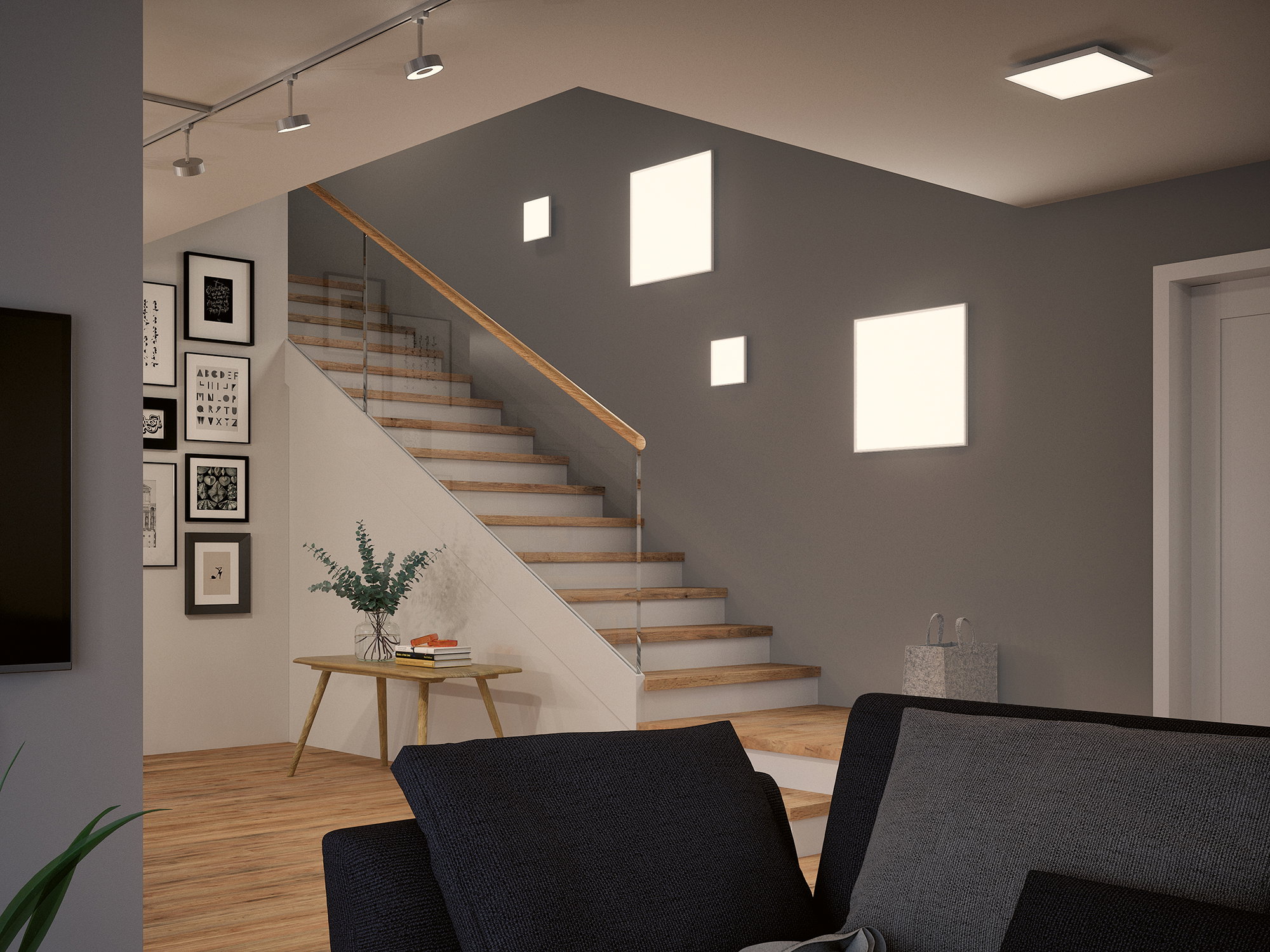 Salon moderne avec escalier en bois, mur gris et appliques murales LED carrées pour éclairage d'intérieur