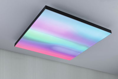 Square LED ceiling light with black frame and multicolor illumination for modern room lighting