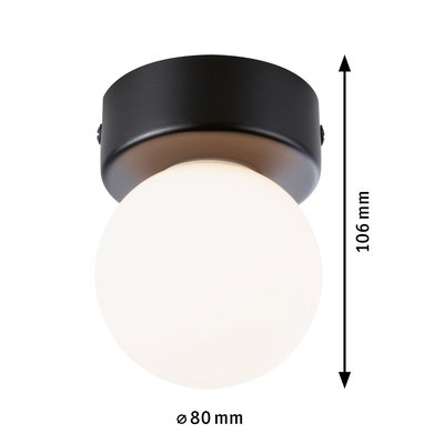 Small ceiling light with black metal base and white glass diffuser Ø 80 mm for living spaces