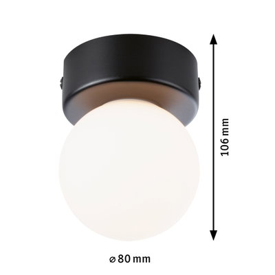Small ceiling light with black metal base and white glass diffuser Ø 80 mm for living spaces