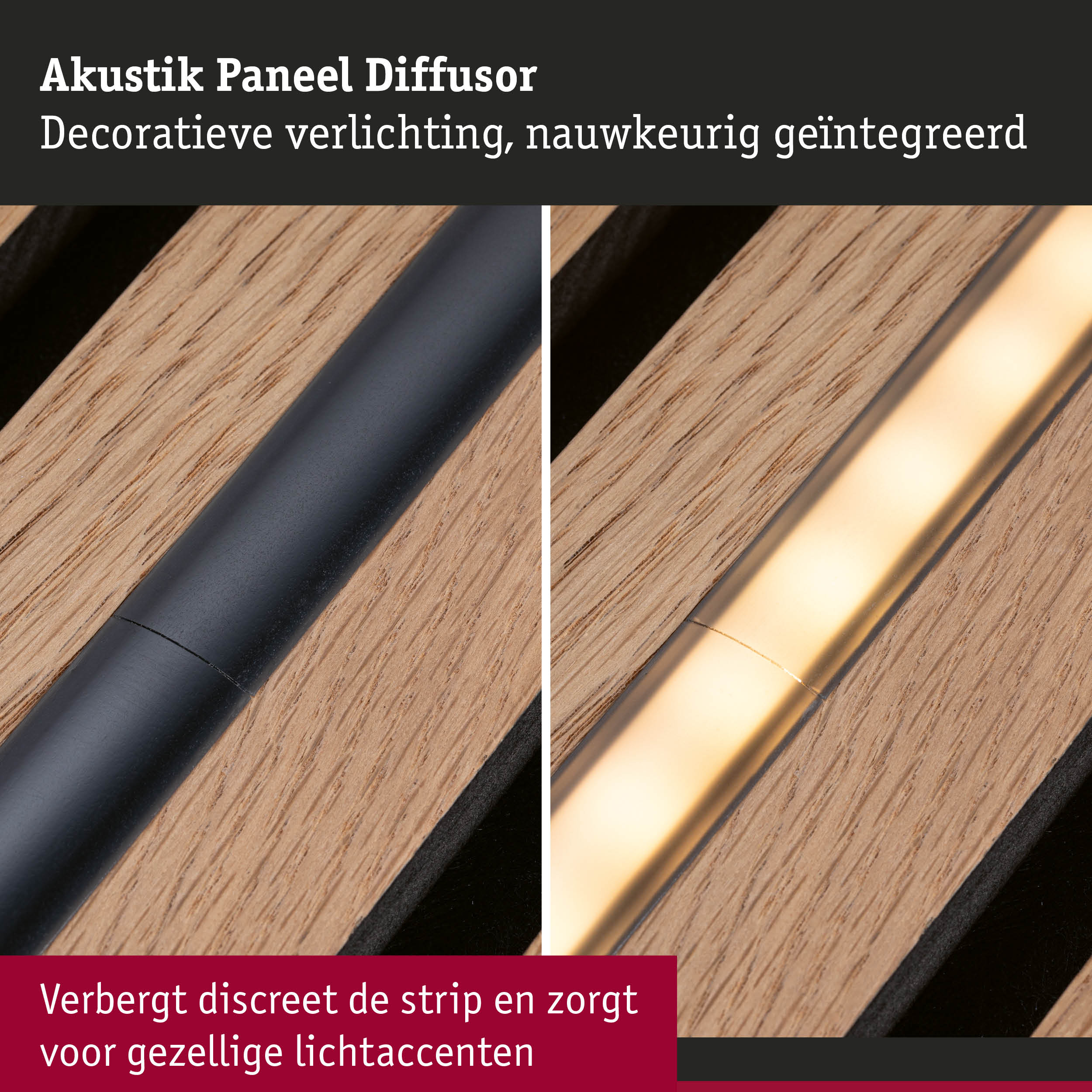 Houten akoestisch paneel diffusor met geïntegreerde decoratieve verlichting voor gezellige lichtaccenten