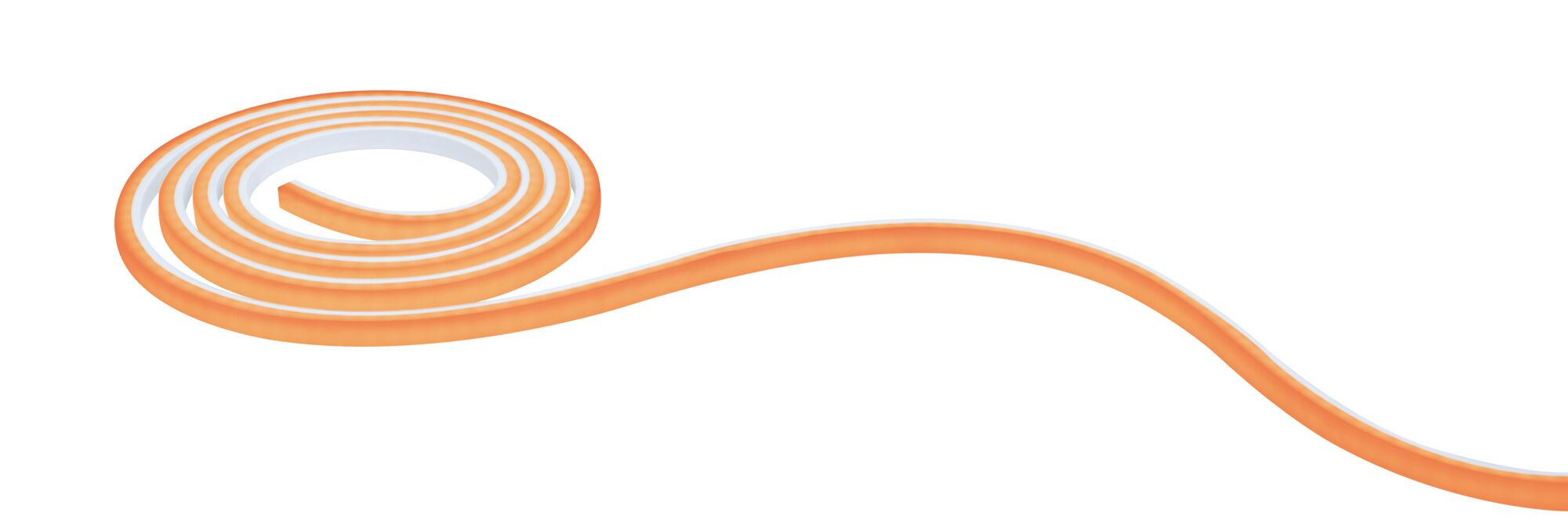 Flexible orange LED strip light with white core for decorative lighting and accent effects.