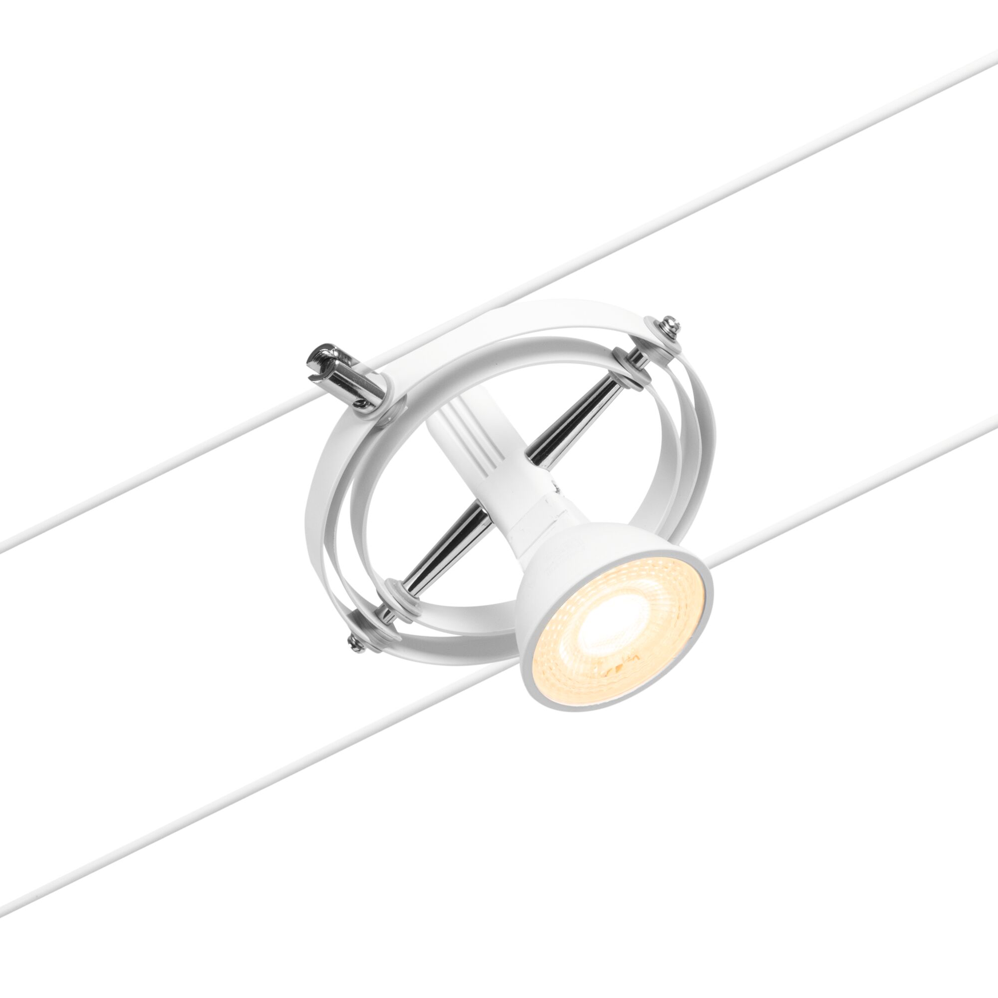 Weißer LED-Seilstrahler mit Metallringen und warmweißem Licht für moderne Raumbeleuchtung