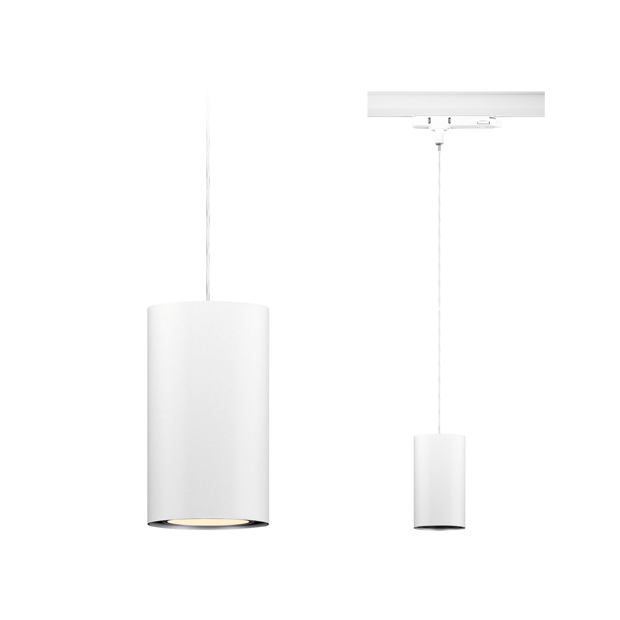 Weiße zylindrische Pendelleuchte aus Metall mit schwenkbarem Kabel für moderne Innenbeleuchtung