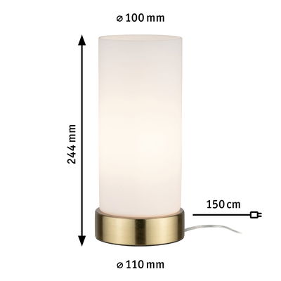 Lampe de table moderne avec cylindre en verre blanc et base en métal couleur laiton, 244 mm de haut.