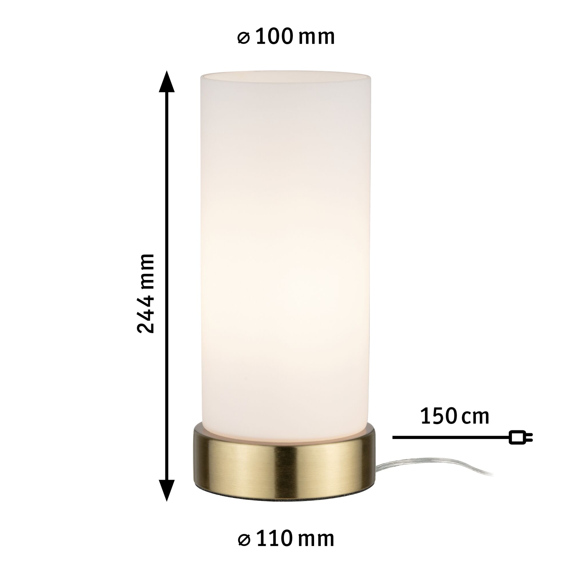 Moderne bordlampe med hvid glas cylinder og messingfarvet metalfod, 244 mm høj.