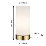 Moderne Tischlampe mit weißem Glaszylinder und messingfarbenem Metallfuß, 244 mm hoch.