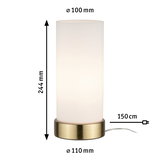Moderne tafellamp met witte glazen cilinder en messingkleurige metalen voet, 244 mm hoog.