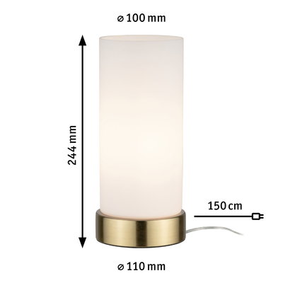 Moderne Tischlampe mit weißem Glaszylinder und messingfarbenem Metallfuß, 244 mm hoch.