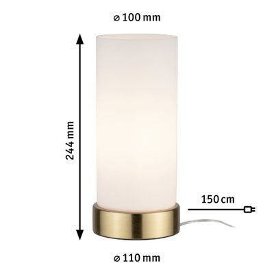 Moderne tafellamp met witte glazen cilinder en messingkleurige metalen voet, 244 mm hoog.