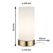 Moderne Tischlampe mit weißem Glaszylinder und messingfarbenem Metallfuß, 244 mm hoch.