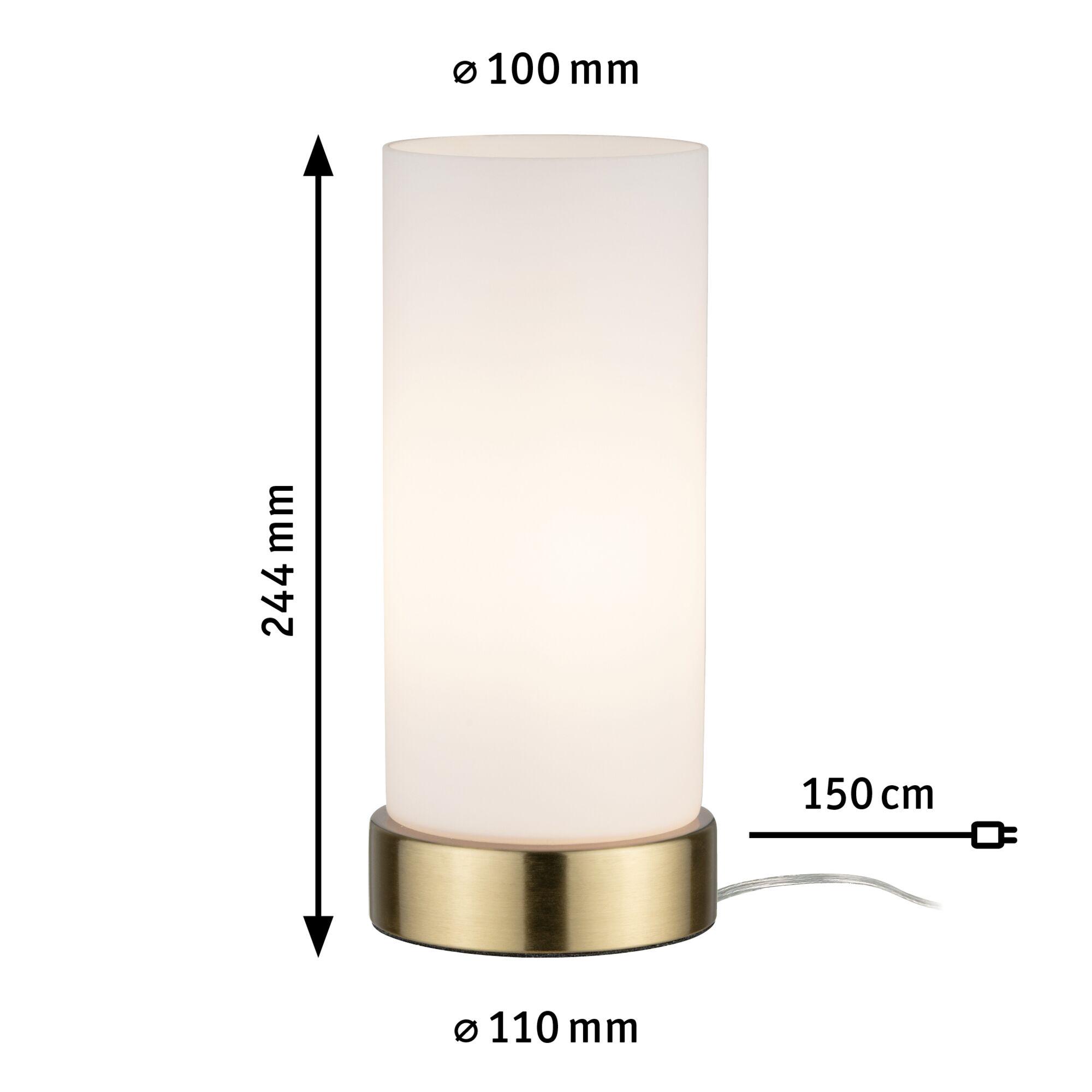 Moderne Tischlampe mit weißem Glaszylinder und messingfarbenem Metallfuß, 244 mm hoch.