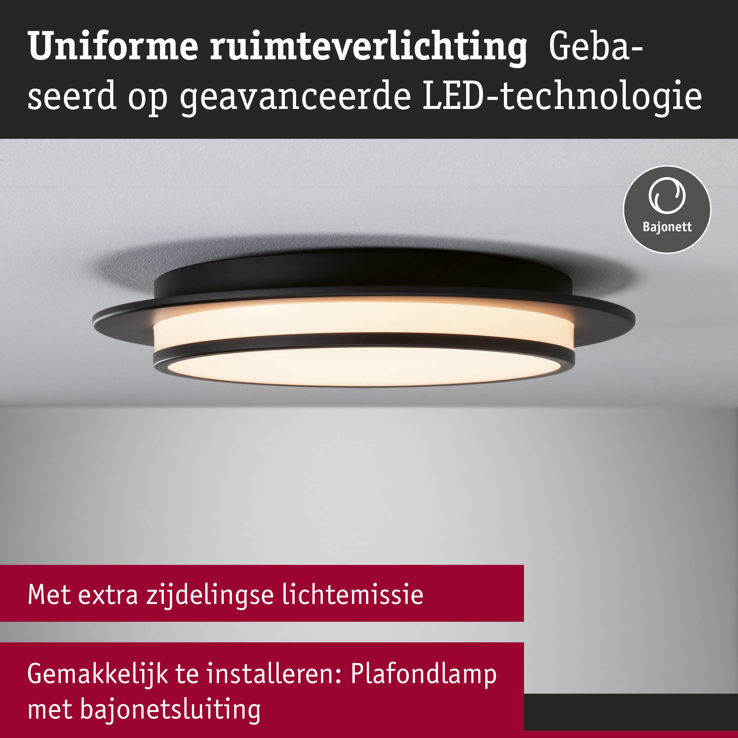 Zwarte LED-plafondlamp met uniforme ruimteverlichting en bajonetfitting voor eenvoudige installatie