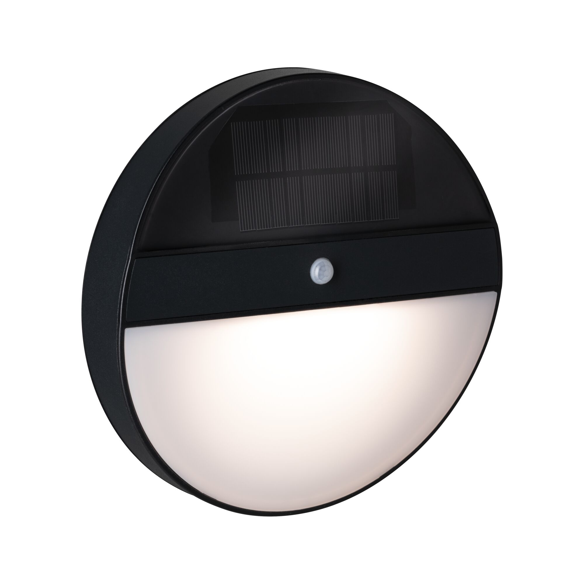Round black solar wall light with motion sensor and white diffuser for outdoor lighting