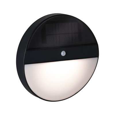 Okrągła czarna lampa solarna z czujnikiem ruchu i białym panelem świetlnym do oświetlenia zewnętrznego