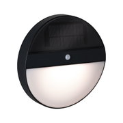 Runde schwarze Solar-Wandleuchte mit Bewegungsmelder und weißem Diffusor für Außenbeleuchtung