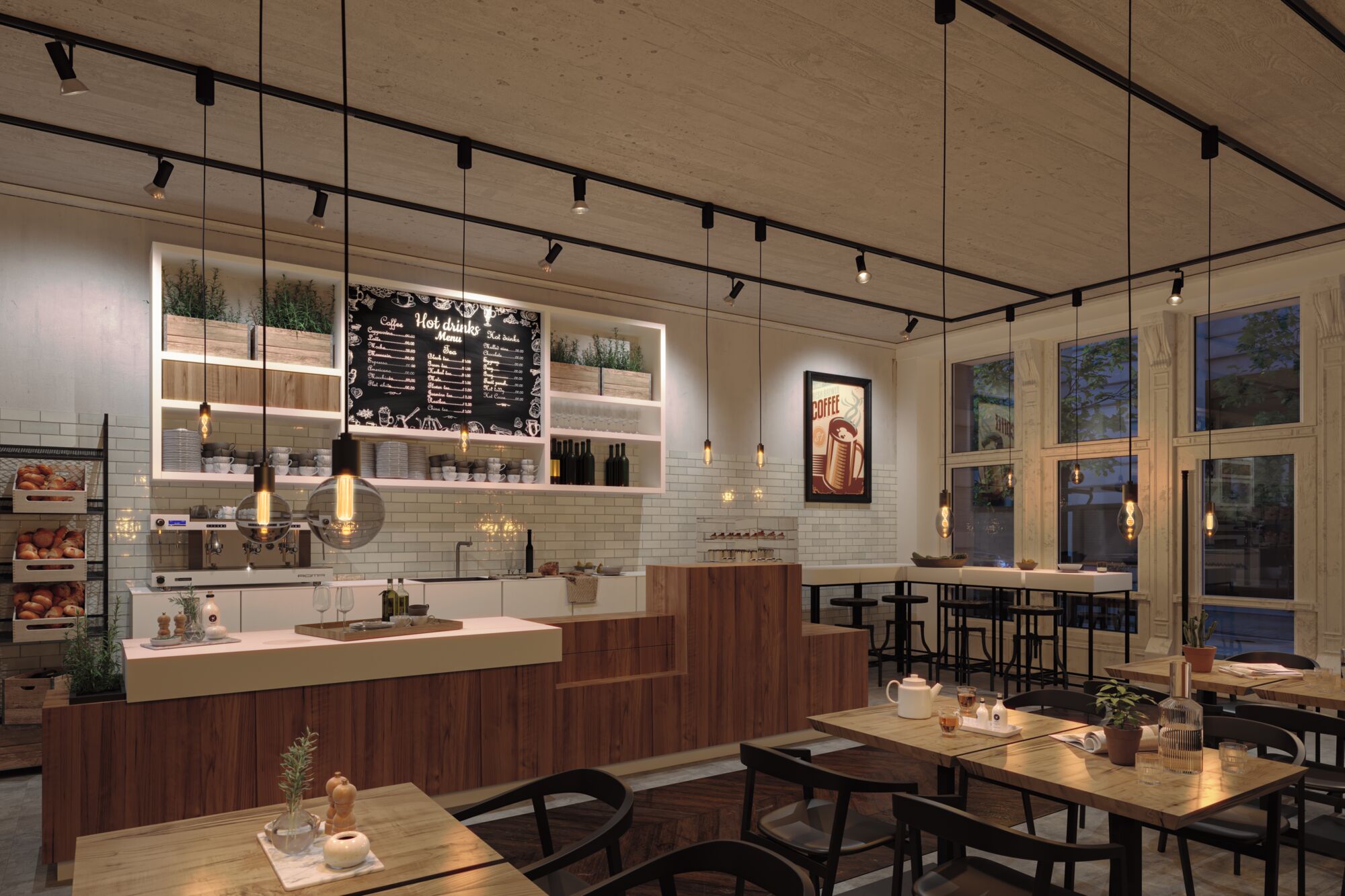 Modern café interior with wooden counter, white tiles, and warm LED pendant lights creating cozy ambiance