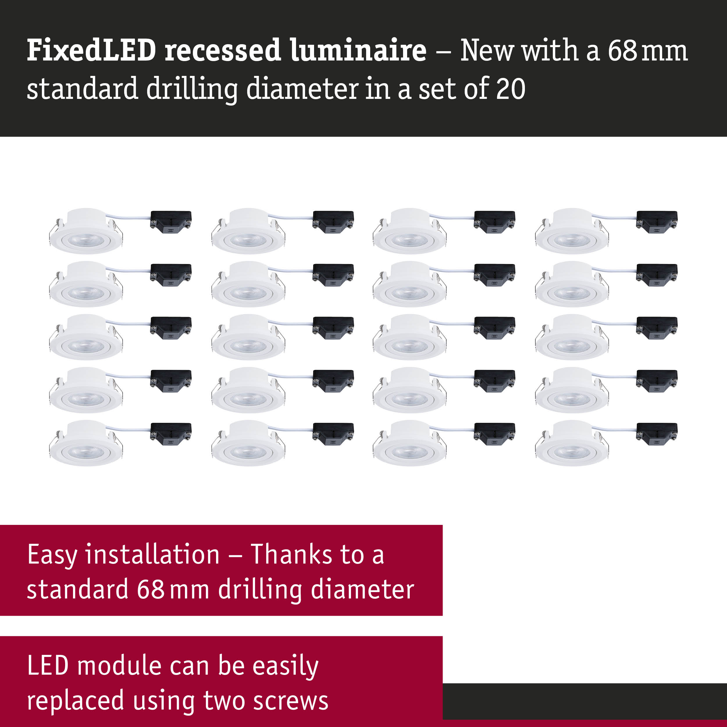 White FixedLED recessed spotlight with 68 mm drilling diameter, LED module replaceable with two screws