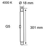 Technische tekening van een G5 fluorescentielamp van 301 mm lang en 18 mm diameter, 4000 K kleurtemperatuur.