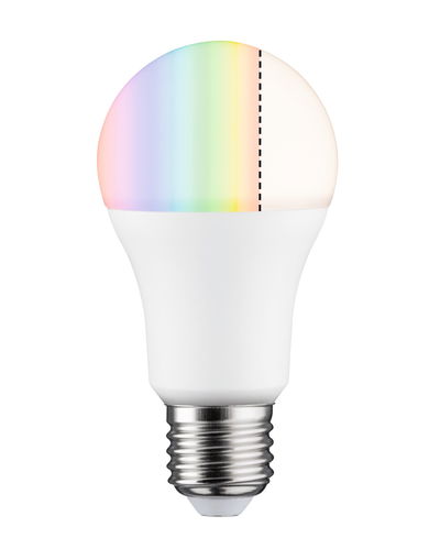 LED-Lampe mit E27-Fassung in Weiß, zeigt Farbwechsel und warmweißes Licht für smarte Beleuchtung