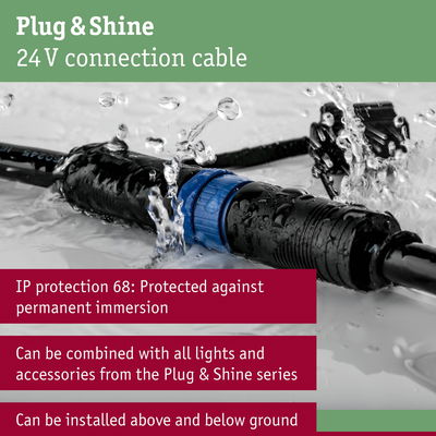 Black Plug & Shine 24V connection cable with blue ring, waterproof and IP68 rated for outdoor lighting systems