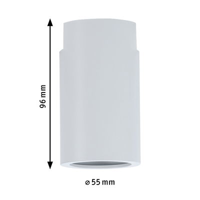 White cylindrical metal ceiling spotlight with 96 mm height and 55 mm diameter