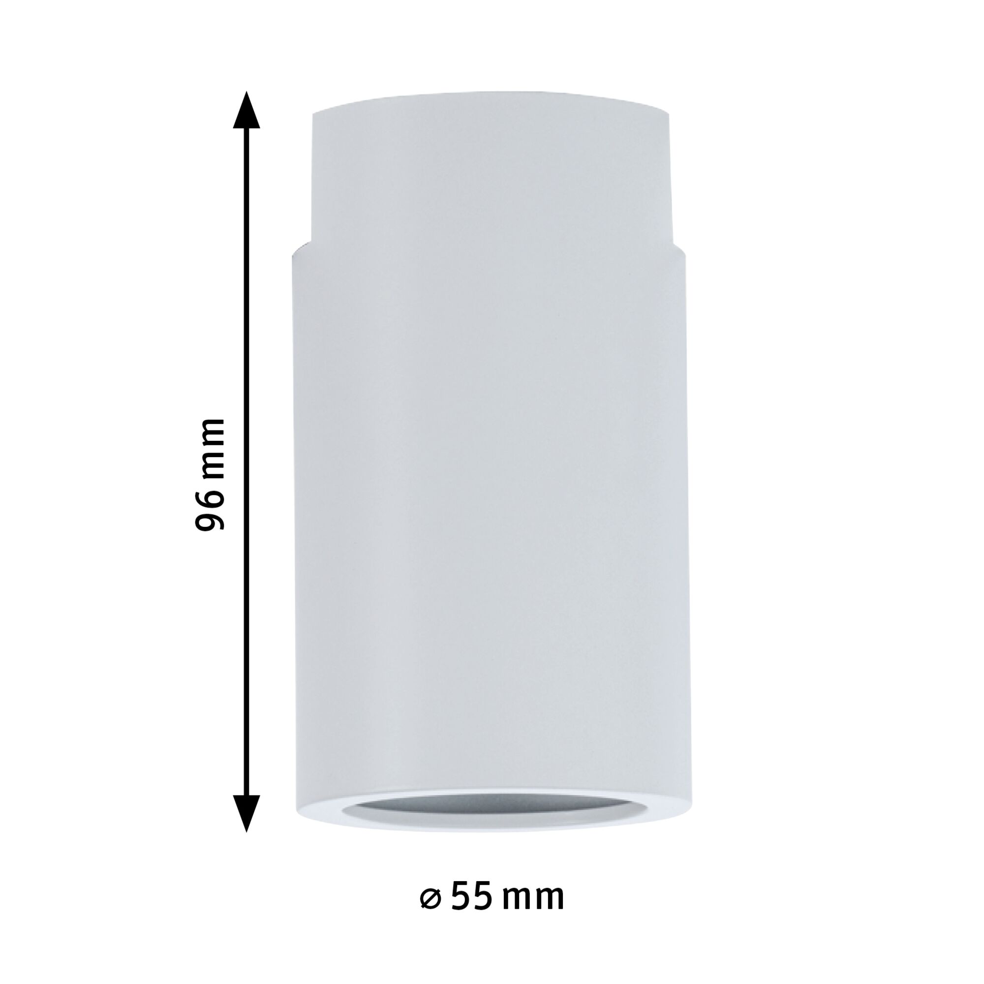 White cylindrical metal ceiling spotlight with 96 mm height and 55 mm diameter