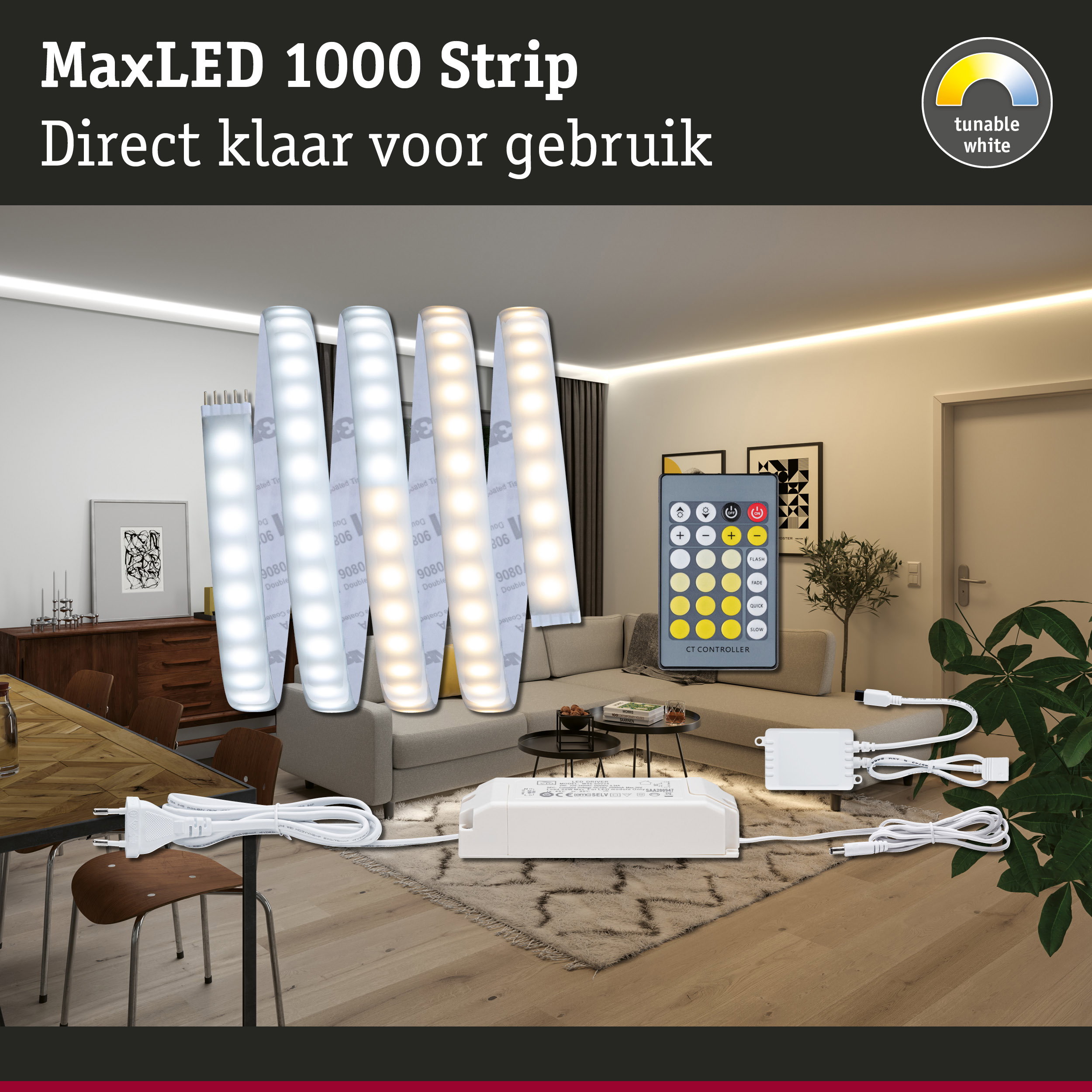 MaxLED 1000 strip met wit LED-licht en afstandsbediening voor dimbaar, instelbaar wit licht