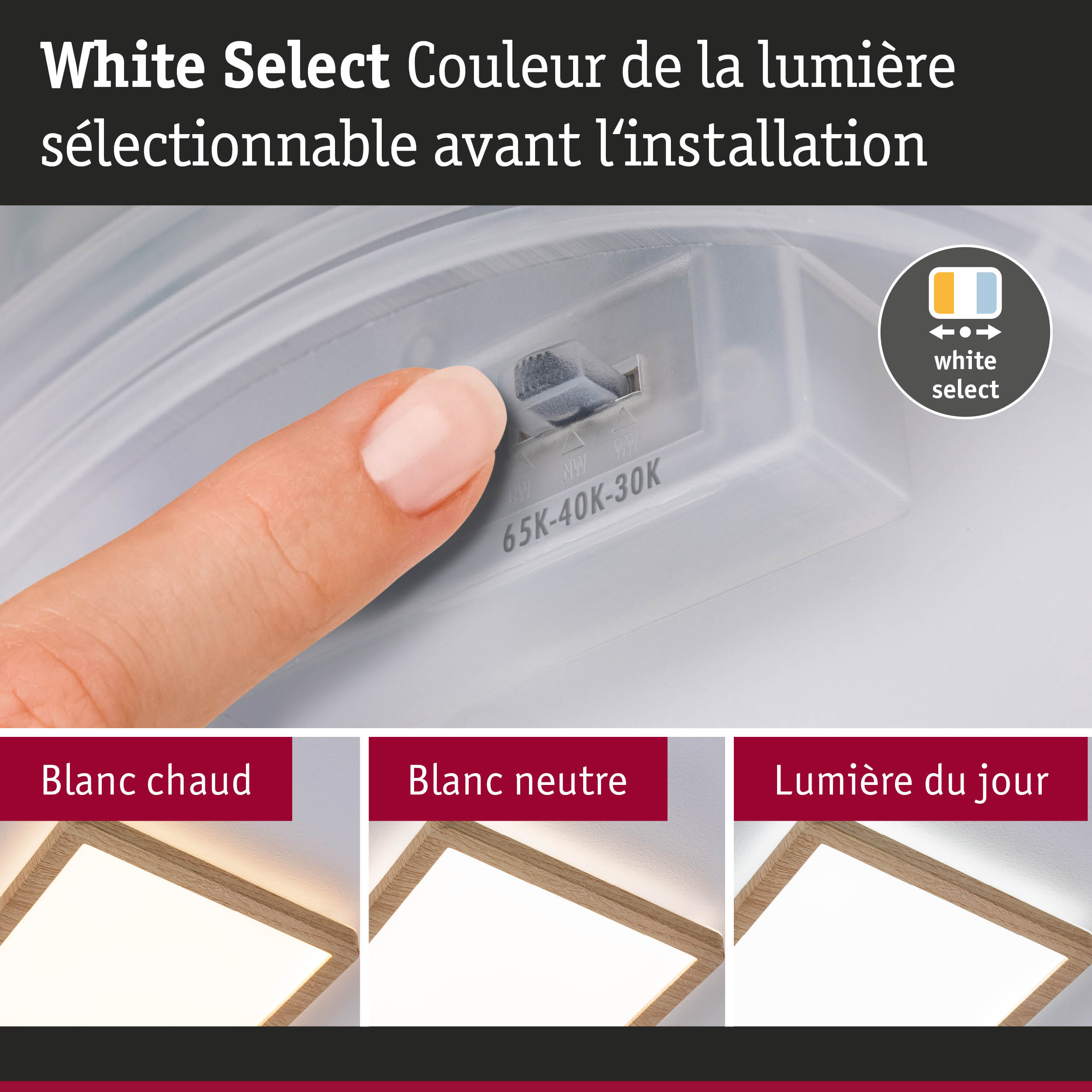 Doigt réglant la couleur blanche de la lumière sur lampe LED plafond avec cadre en bois – éclairage dimmable