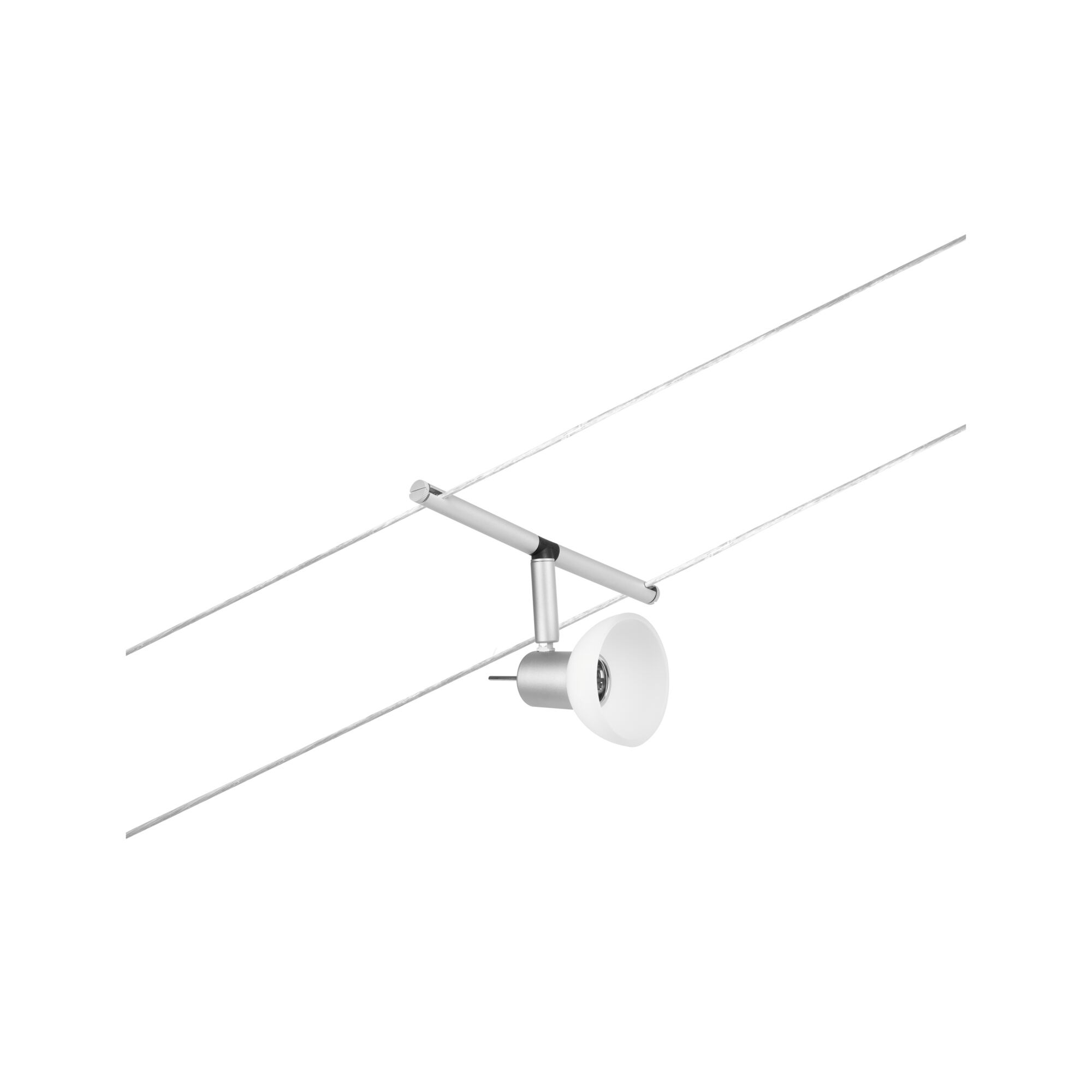 Modern cable spotlight with white lampshade and silver metal arm for adjustable lighting