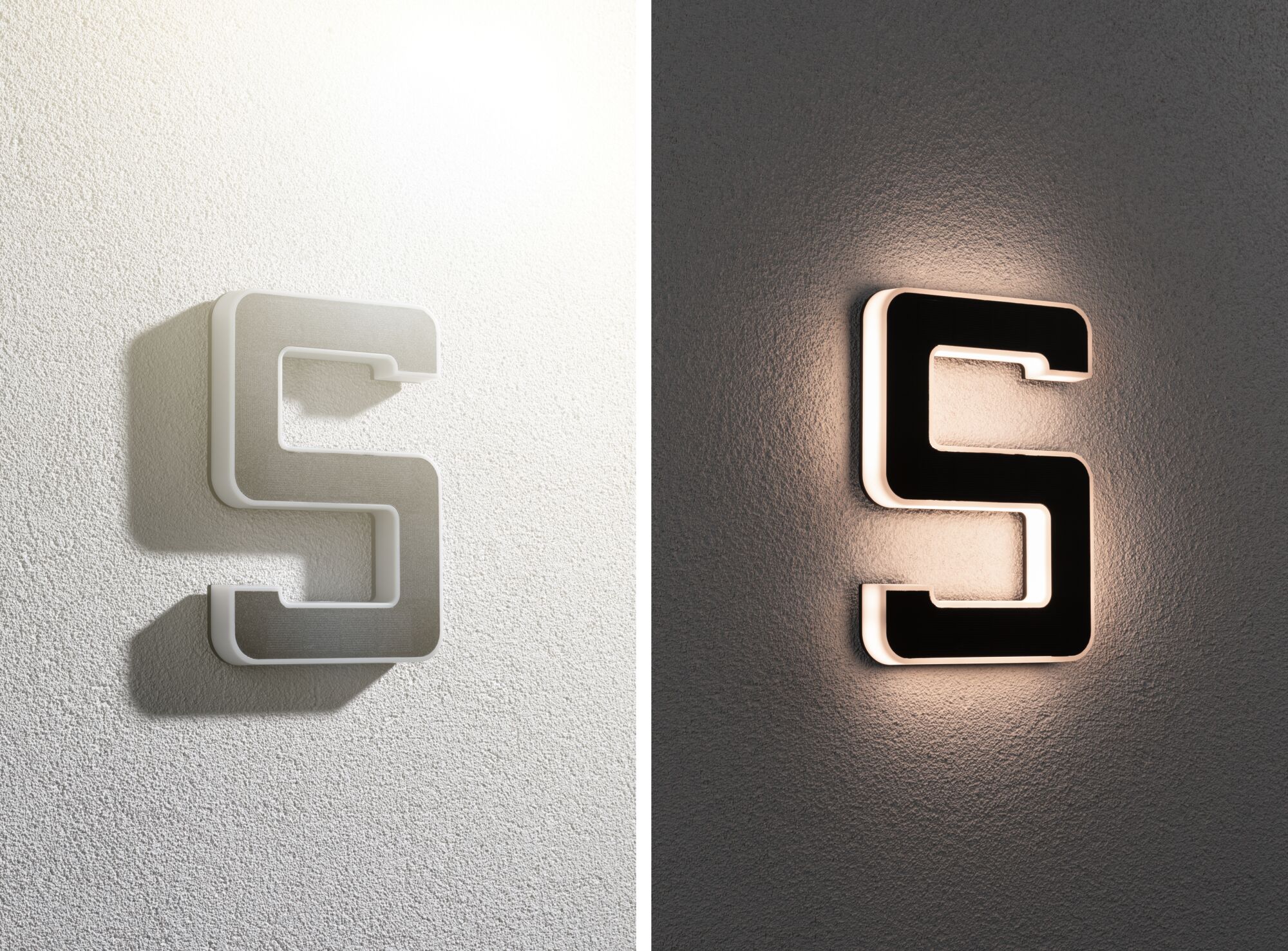 Moderne LED-Wandleuchte in Form des Buchstabens S, weiß und schwarz mit warmem Licht, Innenbeleuchtung