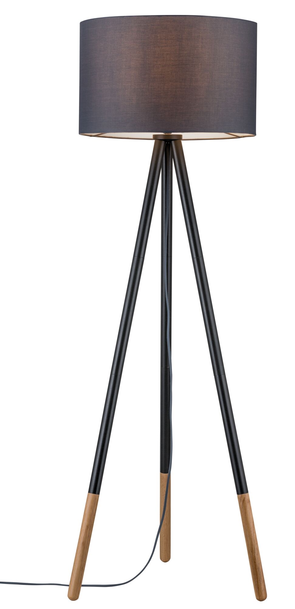 Lampa stojąca z czarnym abażurem i trójnogiem z drewna i metalu do nowoczesnego oświetlenia salonu