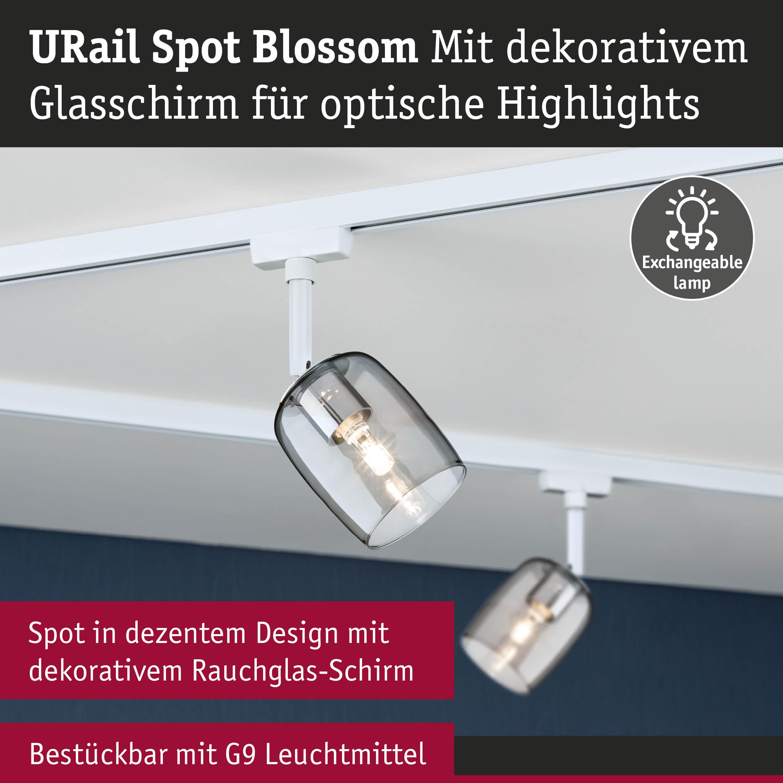 URail Spot Blossom mit dekorativem Rauchglas-Schirm und weißem Schienensystem, G9 Leuchtmittel Spot