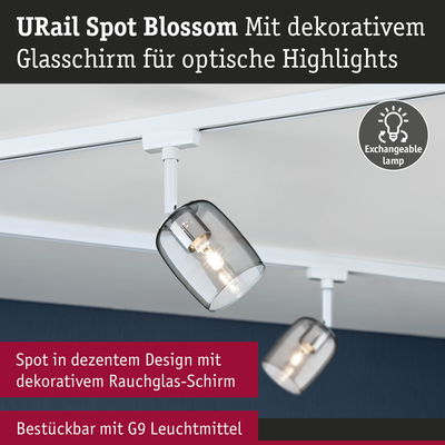 URail Spot Blossom mit dekorativem Rauchglas-Schirm und weißem Schienensystem, G9 Leuchtmittel Spot