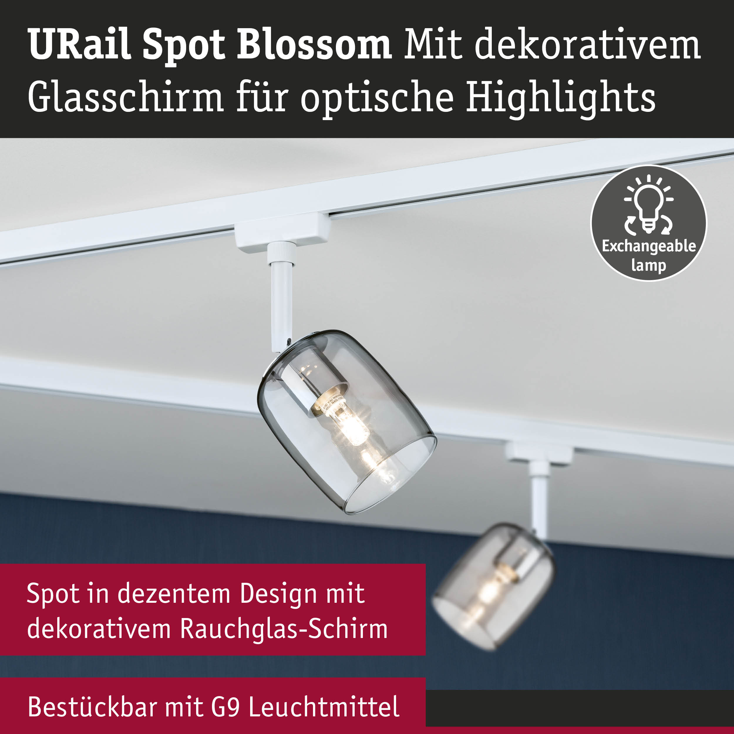 URail Spot Blossom mit dekorativem Rauchglas-Schirm und weißem Schienensystem für G9 Leuchtmittel