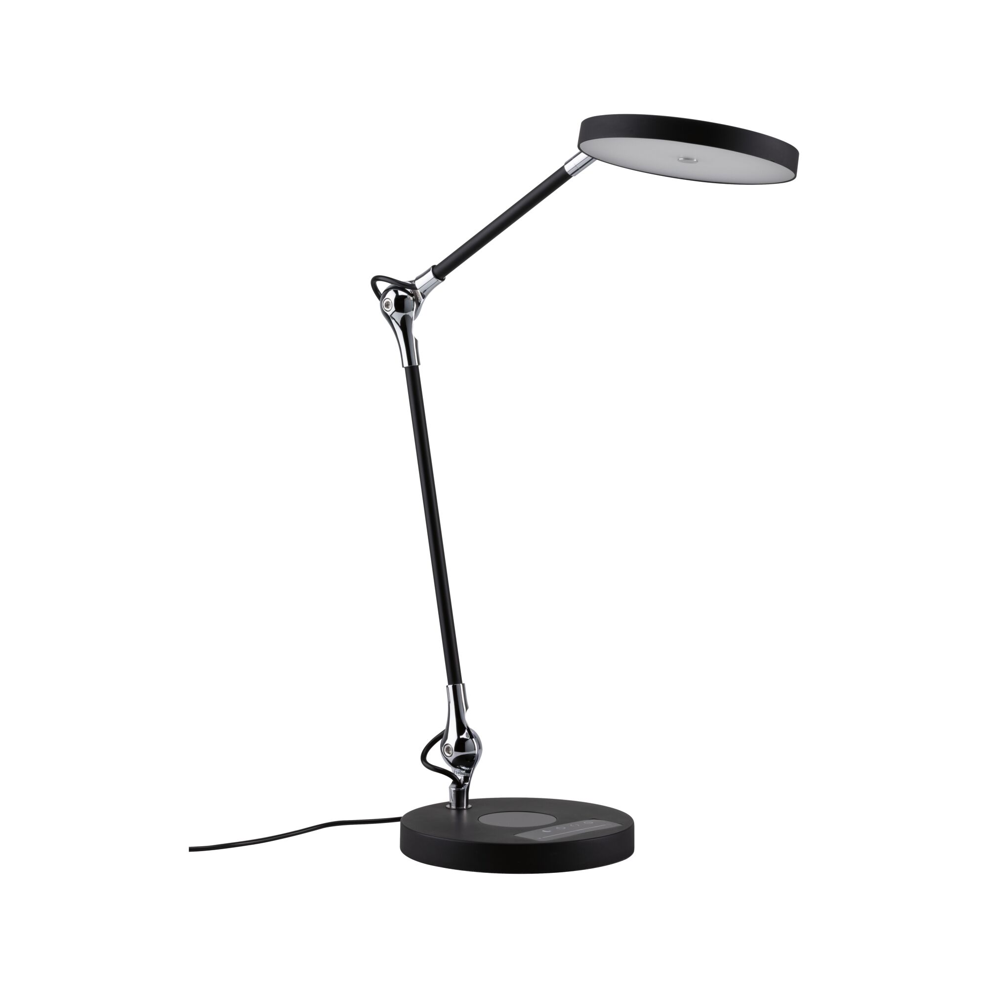 Modern black LED desk lamp with round light head and adjustable arm made of metal and plastic