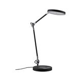 Modern black LED desk lamp with round light head and adjustable arm made of metal and plastic