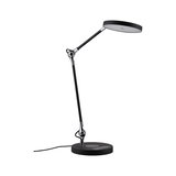 Modern black LED desk lamp with round light head and adjustable arm made of metal and plastic